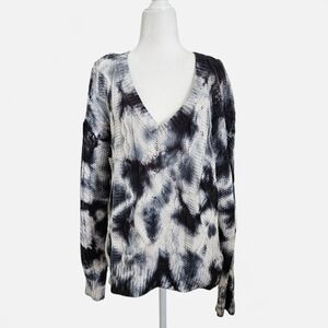 Pilcro, Anthropologie, Tie-Dye, V-Neck Cable Sweater, Blue-White, Small